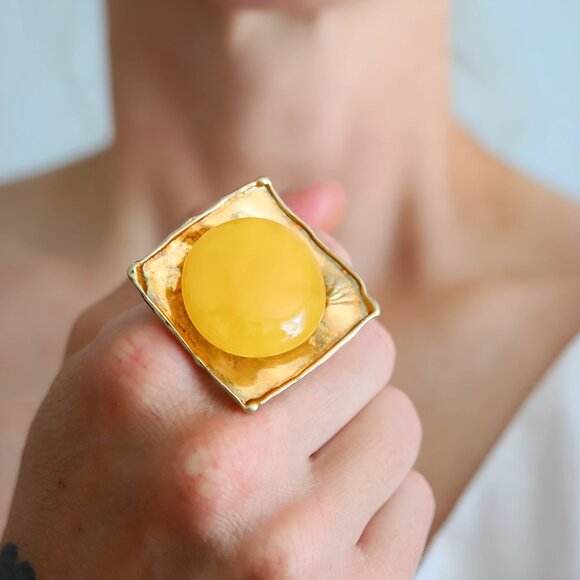 Butterscotch Amber Ring – Adjustable 14k Gold Plated Sterling Silver - Picture 2 of 8